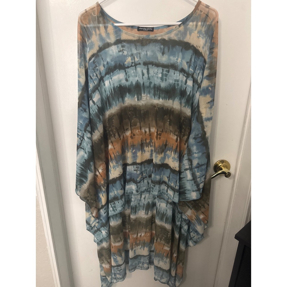 Cha Cha Vente Blue Brown Tie Dye‎ Sheer Mesh Poncho Top Oversized Boho Medium